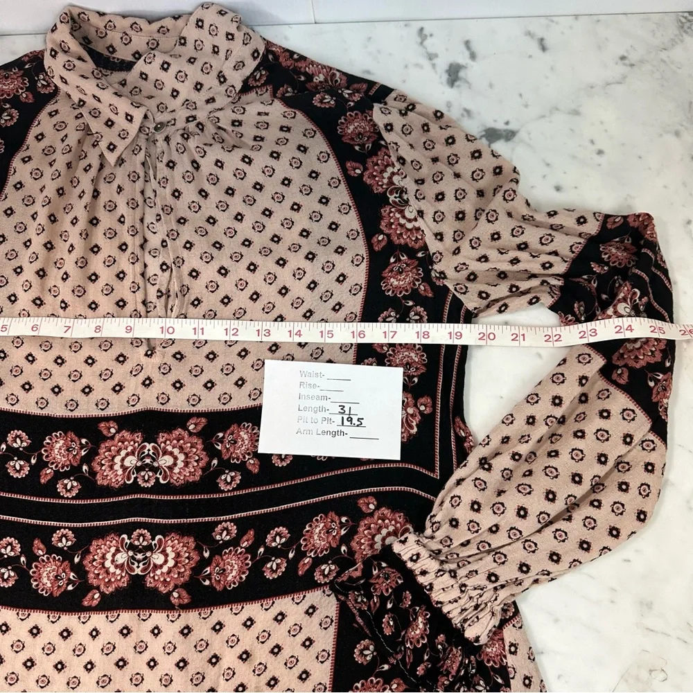 FREE PEOPLE Blouse Small Long Sleeve Keyhole Lightweight Boho Tunic Aztec Blk/Cr